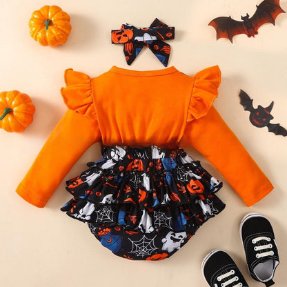 Halloween Flounced Sleeve Fake Two-piece Round Neck Long-sleeved Triangle Romper