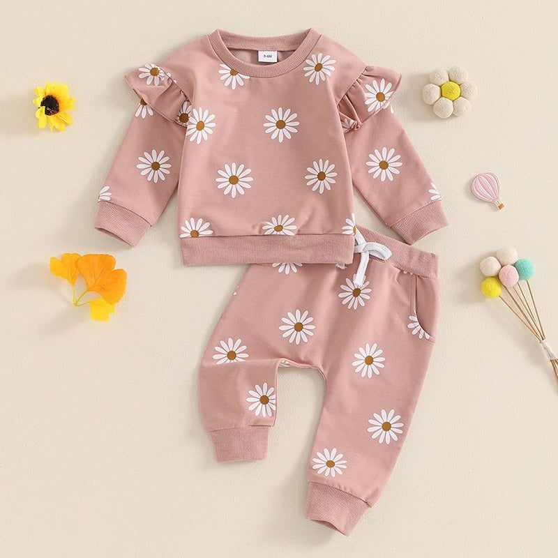 European And American Little Daisy Printing Long Sleeve Trousers Suit