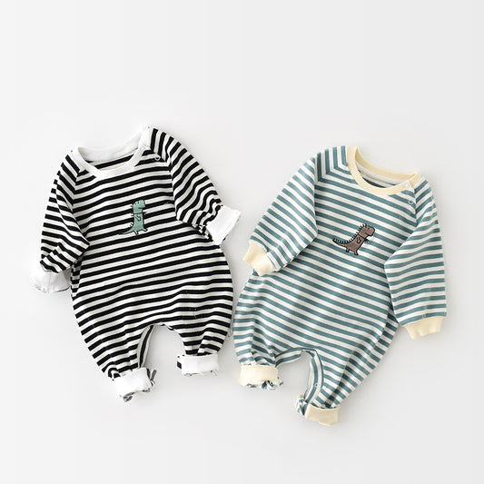 Unisex Baby Cartoon Striped Dinosaur Embroidery Long-Sleeved Jumpsuit