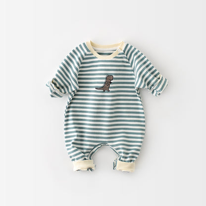 Unisex Baby Cartoon Striped Dinosaur Embroidery Long-Sleeved Jumpsuit