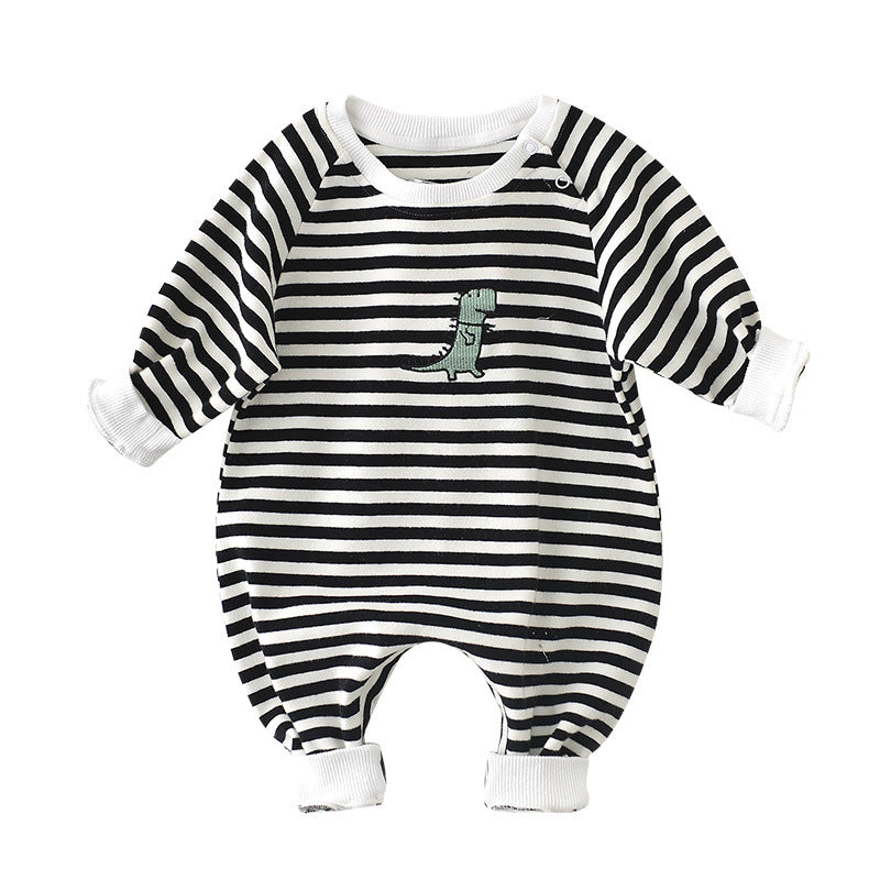 Unisex Baby Cartoon Striped Dinosaur Embroidery Long-Sleeved Jumpsuit