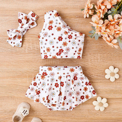 Baby Girl Floral Shoulder Culottes Three-piece Set