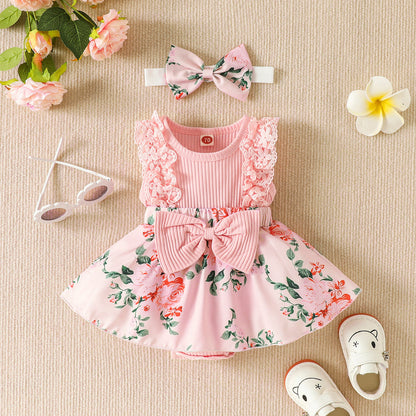 Sleeve Stitching Flower Print Romper