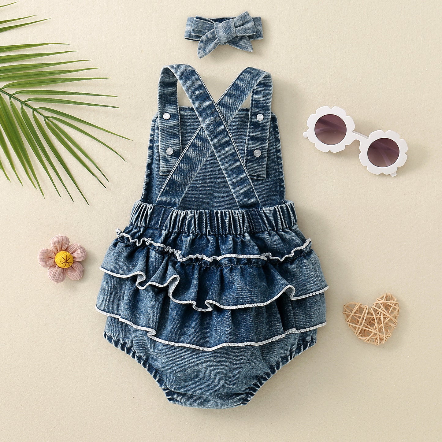 Embroidered Strap Ruffled One-piece Romper