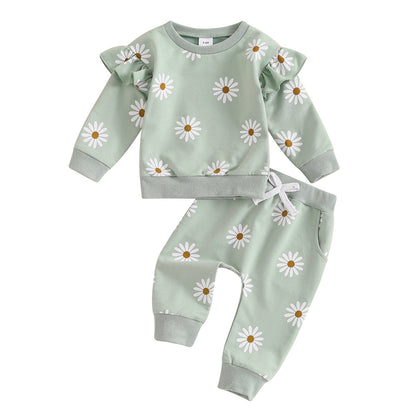 European And American Little Daisy Printing Long Sleeve Trousers Suit