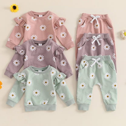 European And American Little Daisy Printing Long Sleeve Trousers Suit