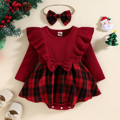 Autumn And Winter Infant Pullover Sunken Stripe Long Sleeve Tartan Skirt