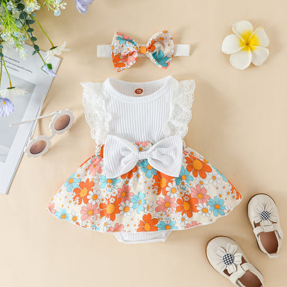 Sleeve Stitching Flower Print Romper