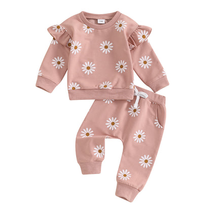 European And American Little Daisy Printing Long Sleeve Trousers Suit