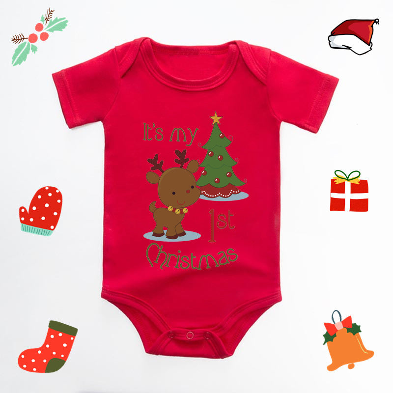 Christmas Deer English Letters Printed Red Triangle Rompers