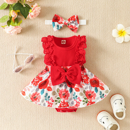 Sleeve Stitching Flower Print Romper