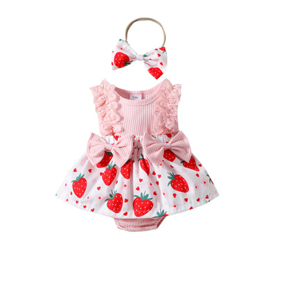 Infant Toddler Strawberry Print Bow Sleeveless Summer Romper