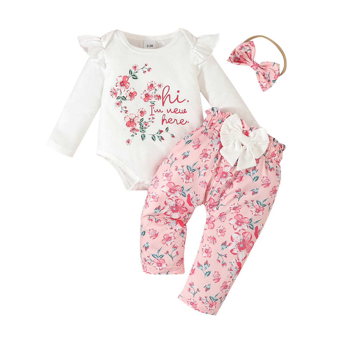 Infant Long Sleeve Pants Letter Floral Bow Print 3 Piece Set Suit