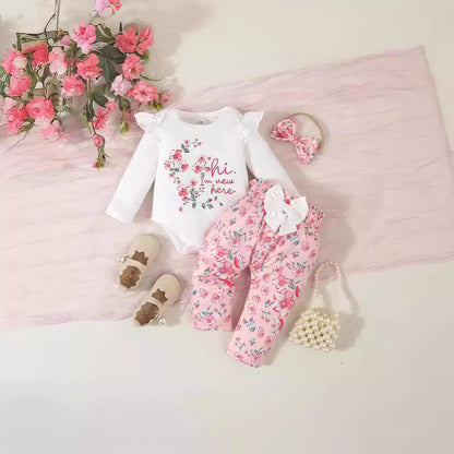 Infant Long Sleeve Pants Letter Floral Bow Print 3 Piece Set Suit