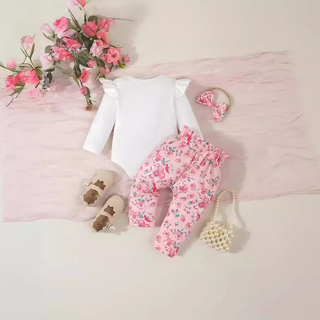 Infant Long Sleeve Pants Letter Floral Bow Print 3 Piece Set Suit