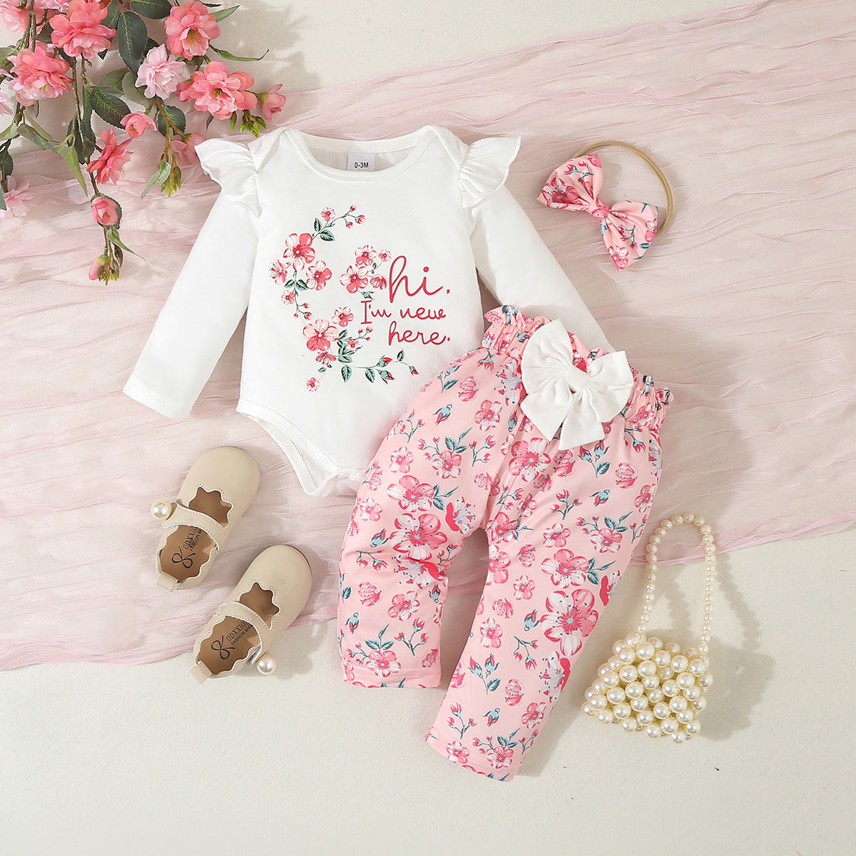 Infant Long Sleeve Pants Letter Floral Bow Print 3 Piece Set Suit