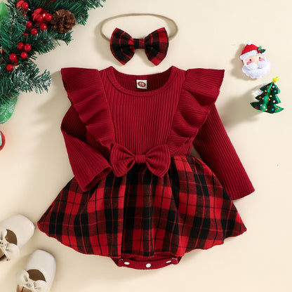 Autumn And Winter Infant Pullover Sunken Stripe Long Sleeve Tartan Skirt