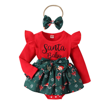 Sunken Stripe Flounced Sleeve Santa Claus Printed Dress