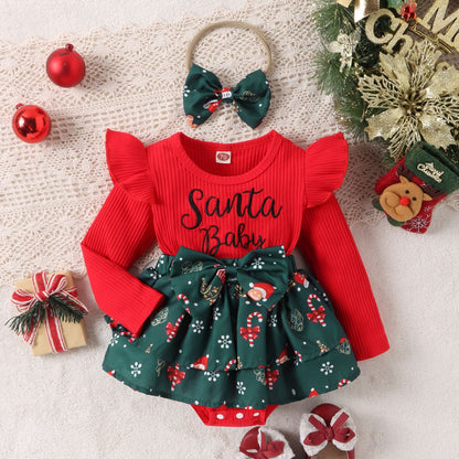 Sunken Stripe Flounced Sleeve Santa Claus Printed Dress