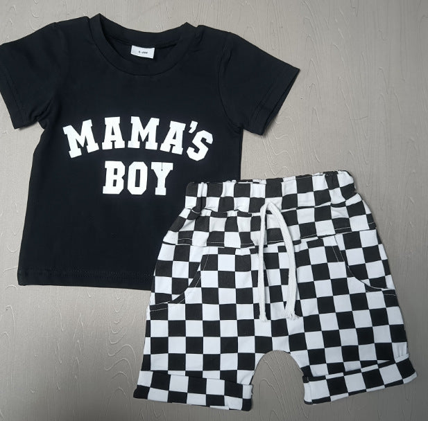 Round Neck Short Sleeve Plaid Shorts Two-piece Set