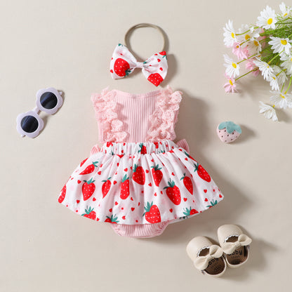 Infant Toddler Strawberry Print Bow Sleeveless Summer Romper