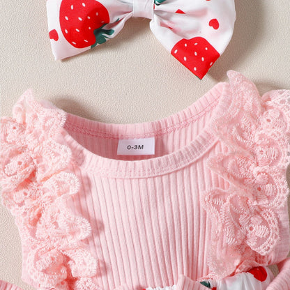 Infant Toddler Strawberry Print Bow Sleeveless Summer Romper