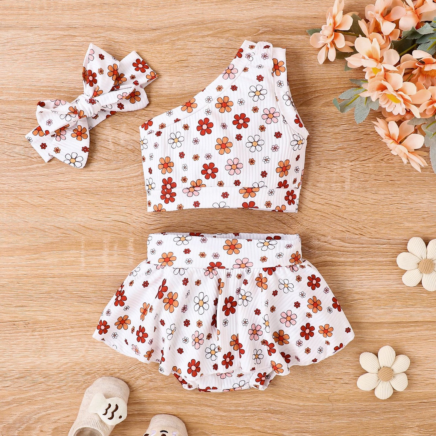 Baby Girl Floral Shoulder Culottes Three-piece Set